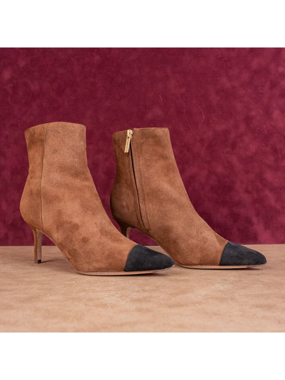 Veronica Beard Women Lisa Black Cap Brown Suede Heel Pointy Toe Boots sz 6